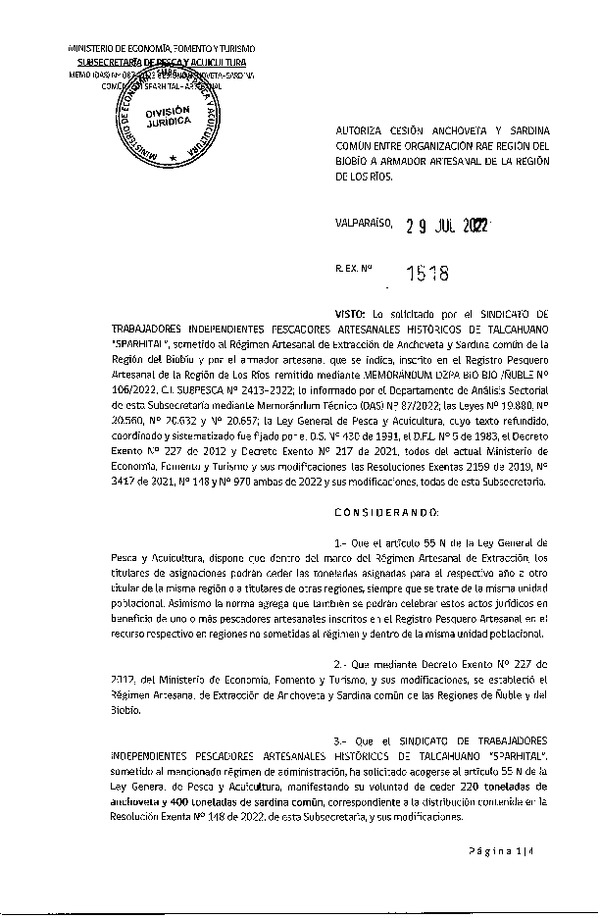 Res. Ex. N° 1518-2022 Autoriza Cesión de Sardina común, Regiones del Biobío a Los Ríos. (Publicado en Página Web 29-07-2022)