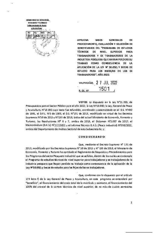 Res. Ex. N° 1501-2022 Aprueba bases generales de procedimiento, evaluación y selección de beneficiarios del que indica, Año 2022. (Publicado en Página Web 01-08-2022)