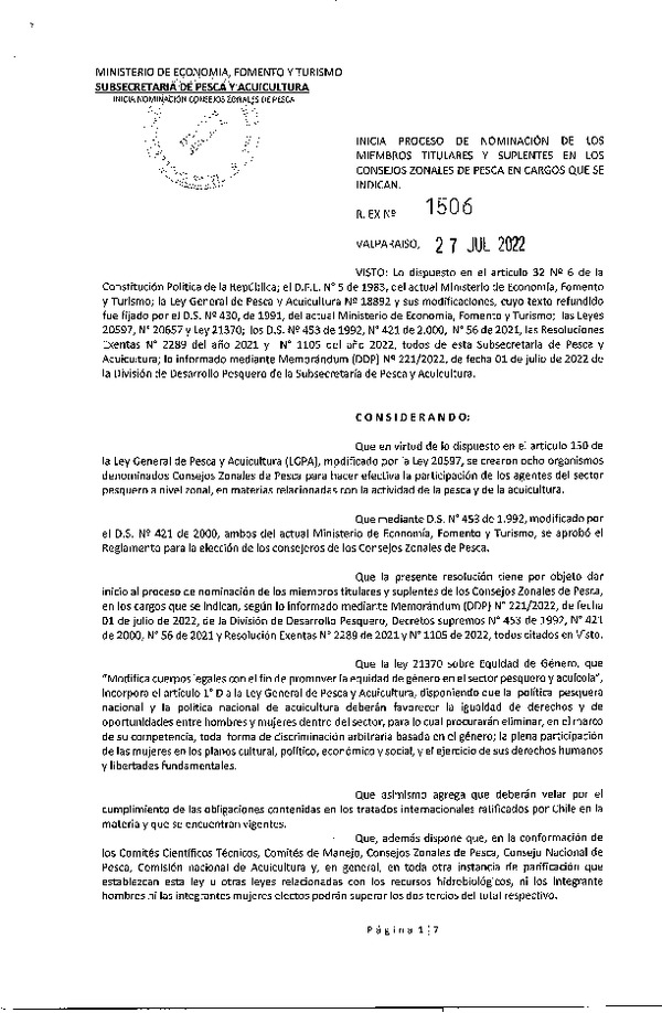 Res. Ex. N° 1506-2022 Inicia Proceso de Nominación de los Miembros Titulares y Suplentes en los Consejos Zonales de Pesca en Cargos que se Indican. (Publicado en Página Web 01-08-2022)