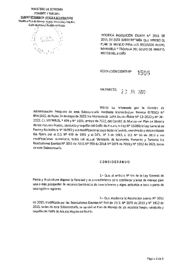 Res. Ex. N° 1508-2021 Modifica Res. Ex. N° 3011-2015, de esta Subsecretaría, que aprobó el Plan de Manejo para los recursos Huepo, Navajuela y Taquilla del Golfo de Arauco, Región del Biobío. (Publicado en Página Web 01-08-2022)
