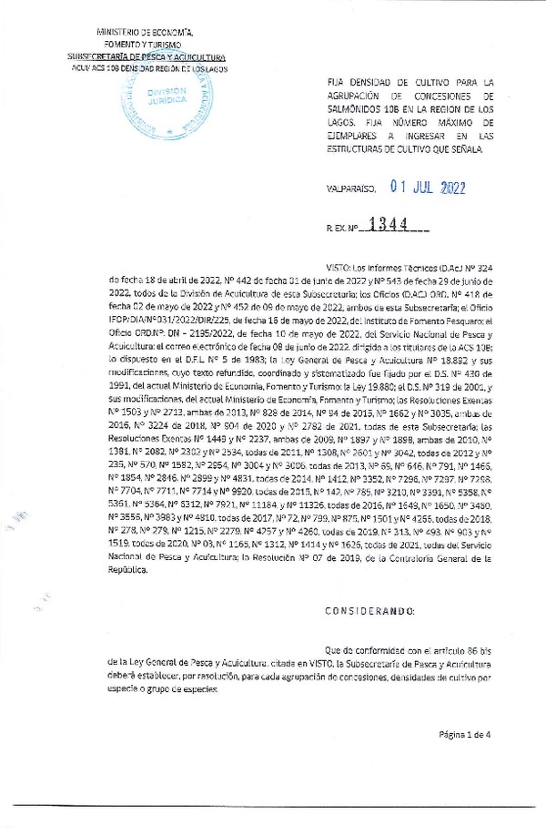 Res. Ex. N° 1344-2022 Fija densidad de cultivo para la agrupación de concesiones de salmónidos 10B, en la Región de Los Lagos. (Con Informe Técnico) (Publicado en Página Web 01-07-2022)