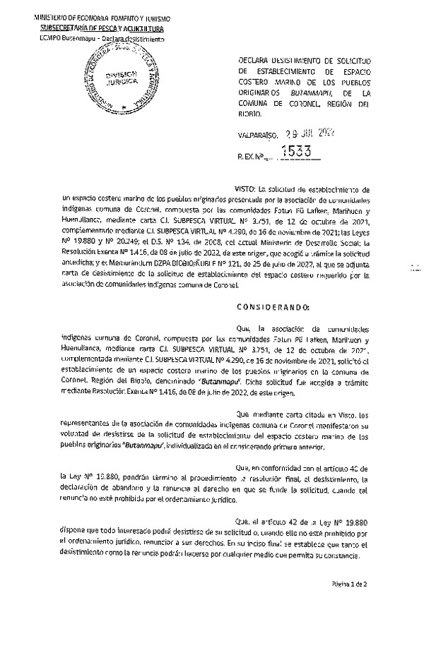 Res. Ex. N° 1533-2022 Declara desistimiento de solicitud que indica. (Publicado en Página Web 02-08-2022)