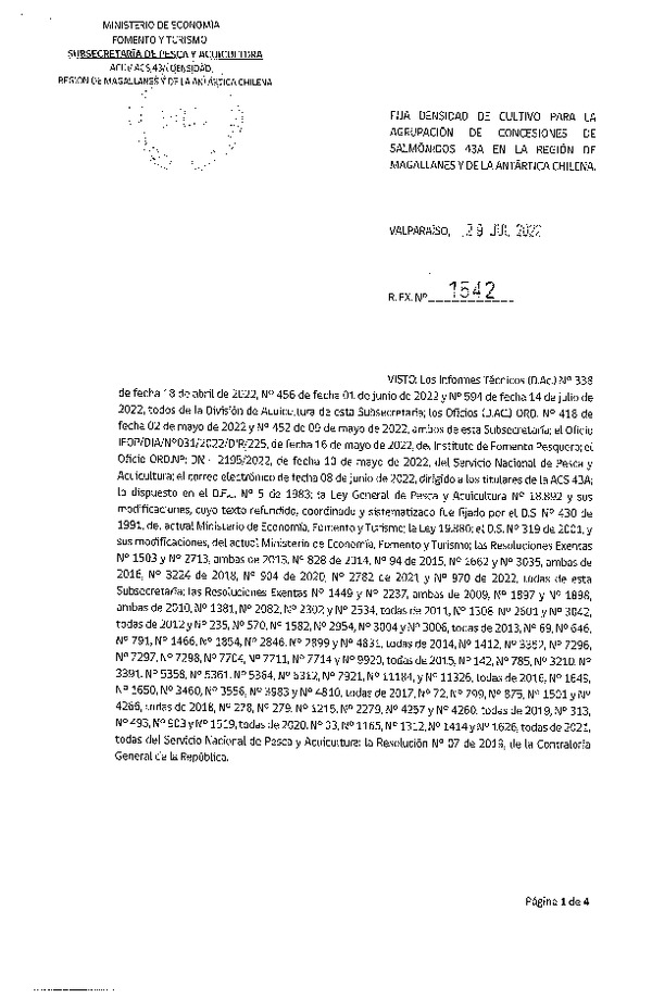 Res. Ex. N° 1542-2022 Fija densidad de cultivo para la agrupación de concesiones de salmónidos 43A, en la Región de Magallanes y de La Antártica Chilena. (Con Informe Técnico) (Publicado en Página Web 02-08-2022)