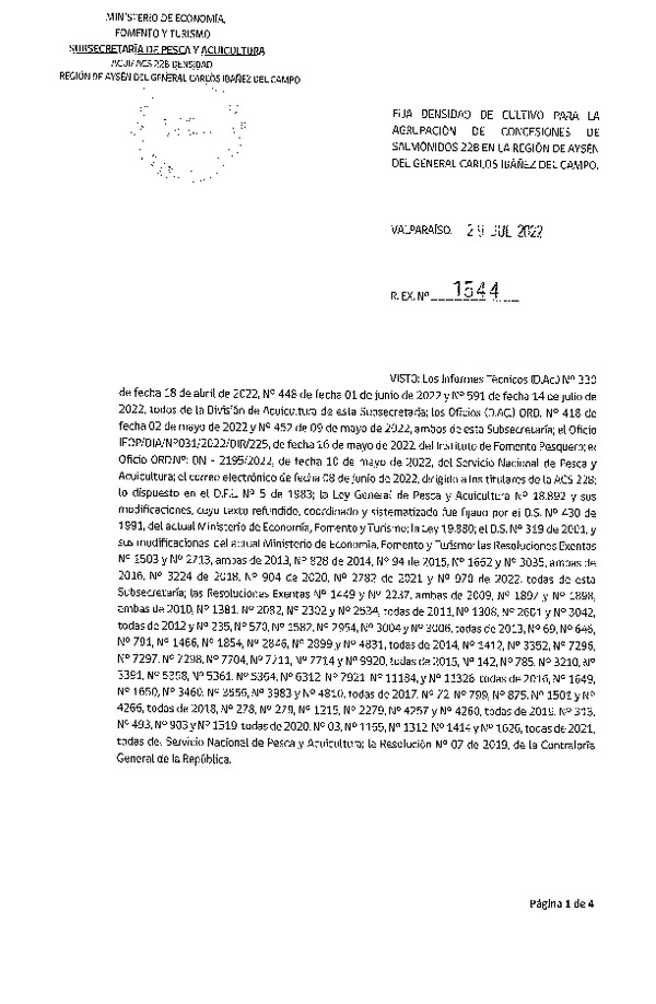 Res. Ex. N° 1544-2022 Fija densidad de cultivo para la agrupación de concesiones de salmónidos 22B, en la Región de Aysén. (Con Informe Técnico) (Publicado en Página Web 02-08-2022)