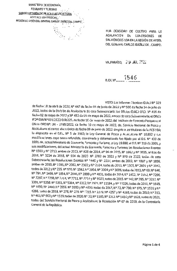 Res. Ex. N° 1546-2022 Fija densidad de cultivo para la agrupación de concesiones de salmónidos 19A, en la Región de Aysén. (Con Informe Técnico) (Publicado en Página Web 02-08-2022)