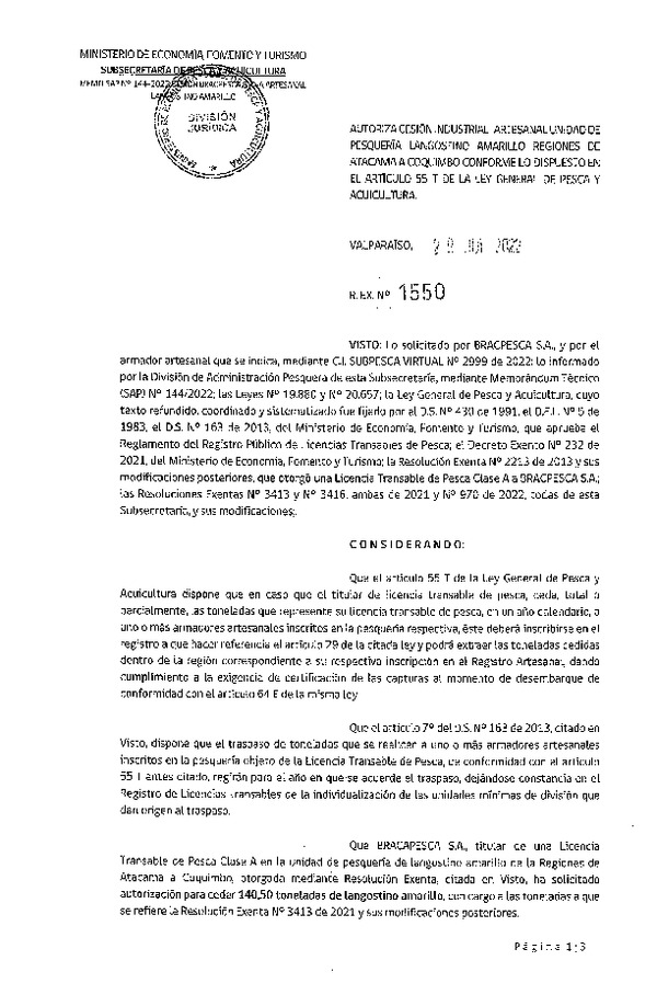 Res. Ex. N° 1550-2022, Autoriza Cesión unidad de pesquería Langostino amarillo, Regiones de Atacama a Coquimbo. (Publicado en Página Web 02-08-2022)