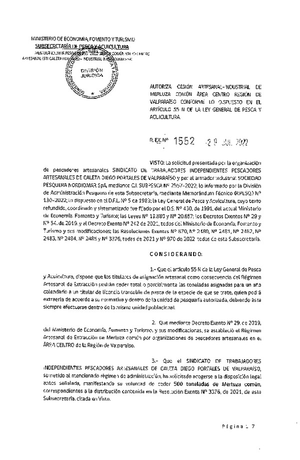 Res. Ex. N° 1552-2022 Autoriza Cesión de Merluza Común Área Centro Región de Valparaíso. (Publicado en Página Web 02-08-2022)