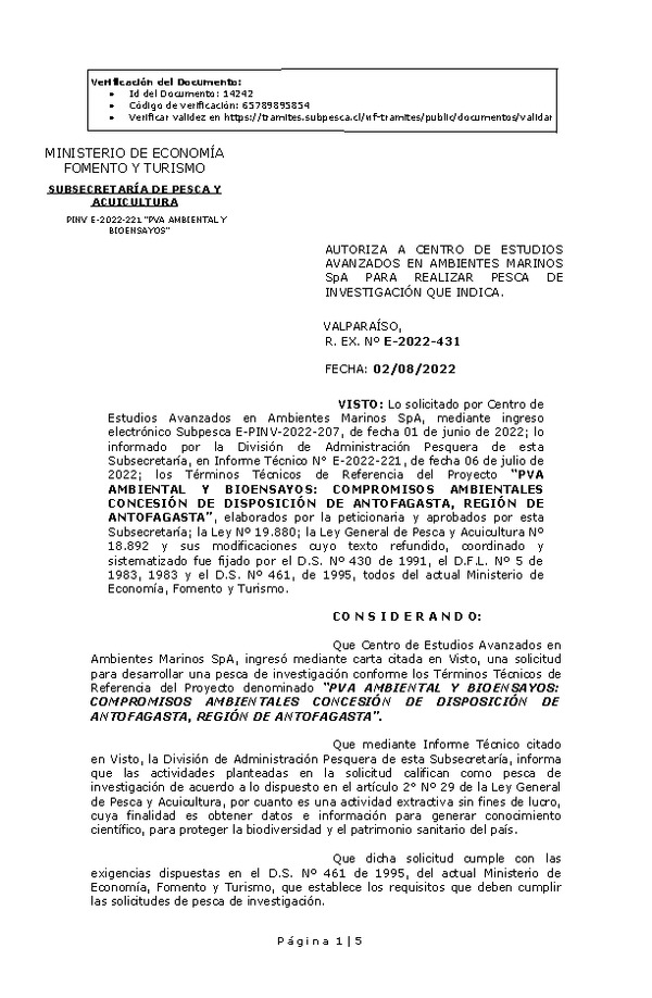 R. EX. Nº E-2022-431 PVA AMBIENTAL Y BIOENSAYOS: COMPROMISOS AMBIENTALES CONCESIÓN DE DISPOSICIÓN DE ANTOFAGASTA, REGIÓN DE ANTOFAGASTA. (Publicado en Página Web 02-08-2022)