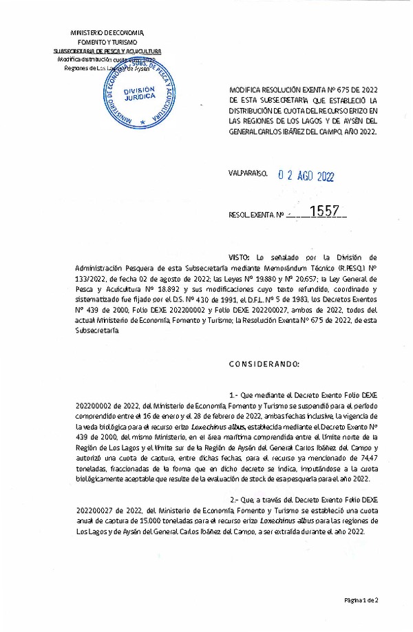 Res. Ex. N° 1557-2022 Modifica Res. Ex. N° 0675-2022 Establece Distribución de Cuota del Recurso Erizo, en las Regiones de Los Lagos y Aysén del General Carlos Ibañez del Campo, Año 2022. (Publicado en Página Web 03-08-2022)