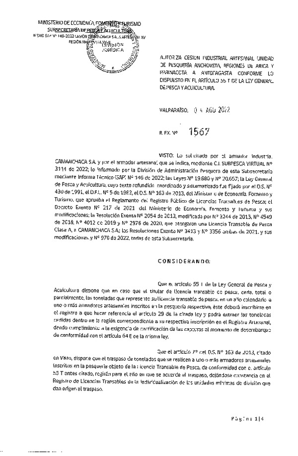 Res. Ex. N° 1567-2022, Autoriza Cesión unidad de pesquería Anchoveta, Regiones de Arica y Parinacota a Antofagasta. (Publicado en Página Web 04-08-2022)