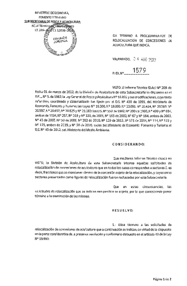 Res. Ex. N° 1579-2022 Da término a procedimientos de relocalización de concesiones de acuicultura que indica.