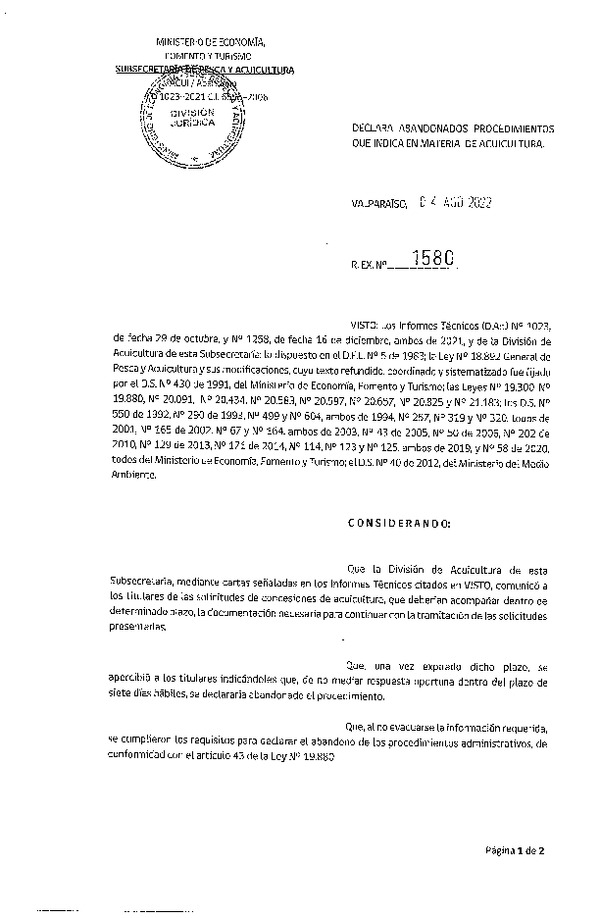 Res. Ex. N° 1580-2022 Declara abandonados procedimientos que indica en materia de acuicultura.