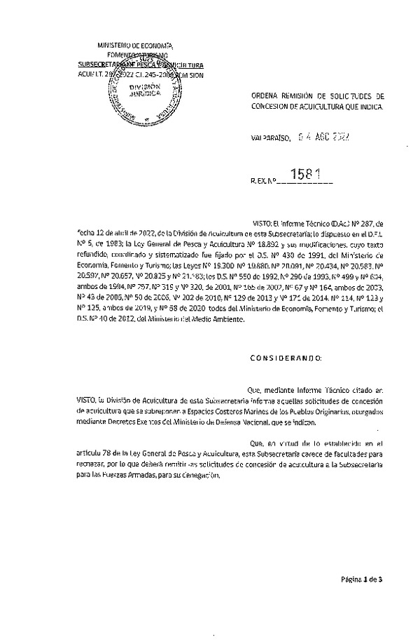 Res. Ex. N° 1581-2022 Ordena remisión de solicitudes de concesión de acuicultura que indica.