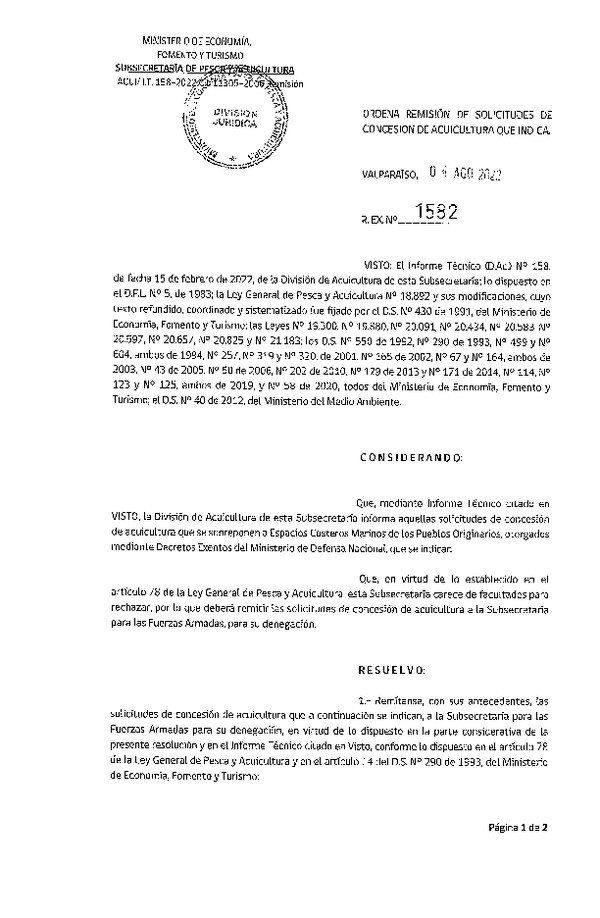 Res. Ex. N° 1582-2022 Ordena remisión de solicitudes de concesión de acuicultura que indica.