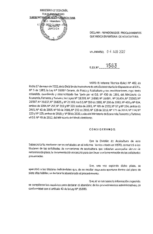 Res. Ex. N° 1583-2022 Declara abandono de procedimientos que indica en materia de acuicultura.