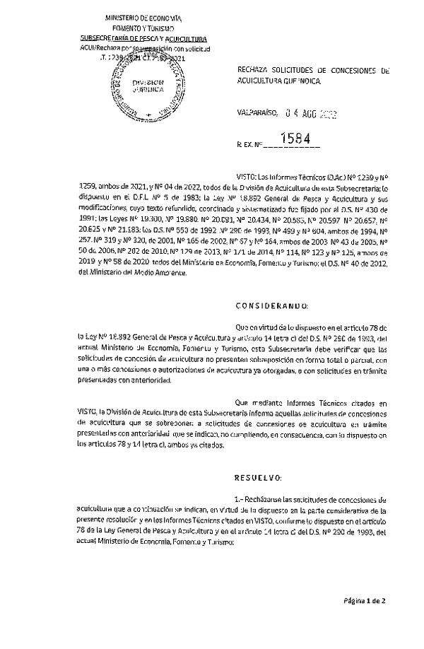 Res. Ex. N° 1584-2022 Rechaza solicitudes de concesiones de acuicultura que indica.