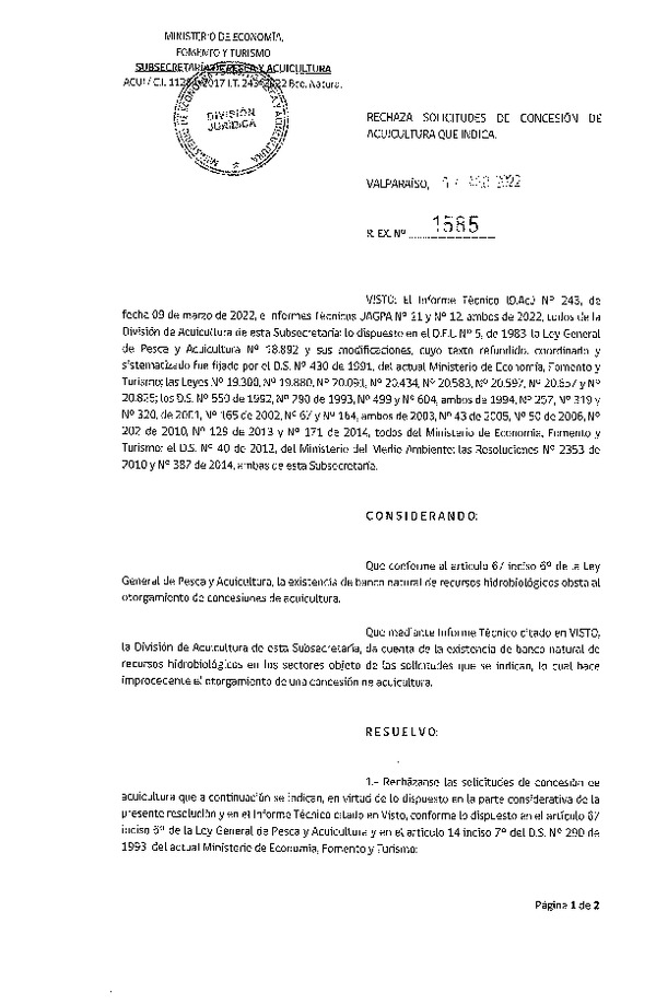 Res. Ex. N° 1585-2022 Rechaza solicitudes de concesión de acuicultura que indica.