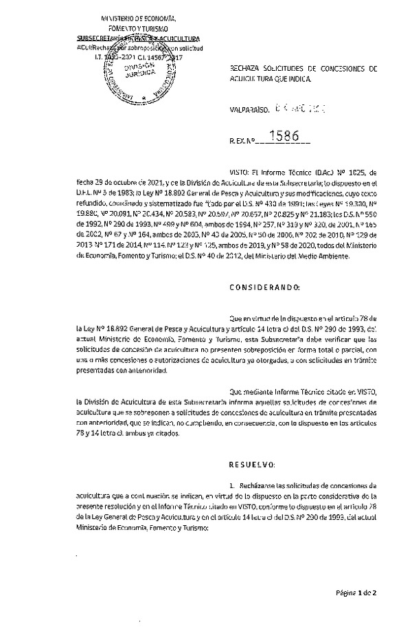 Res. Ex. N° 1586-2022 Rechaza solicitudes de concesión de acuicultura que indica.