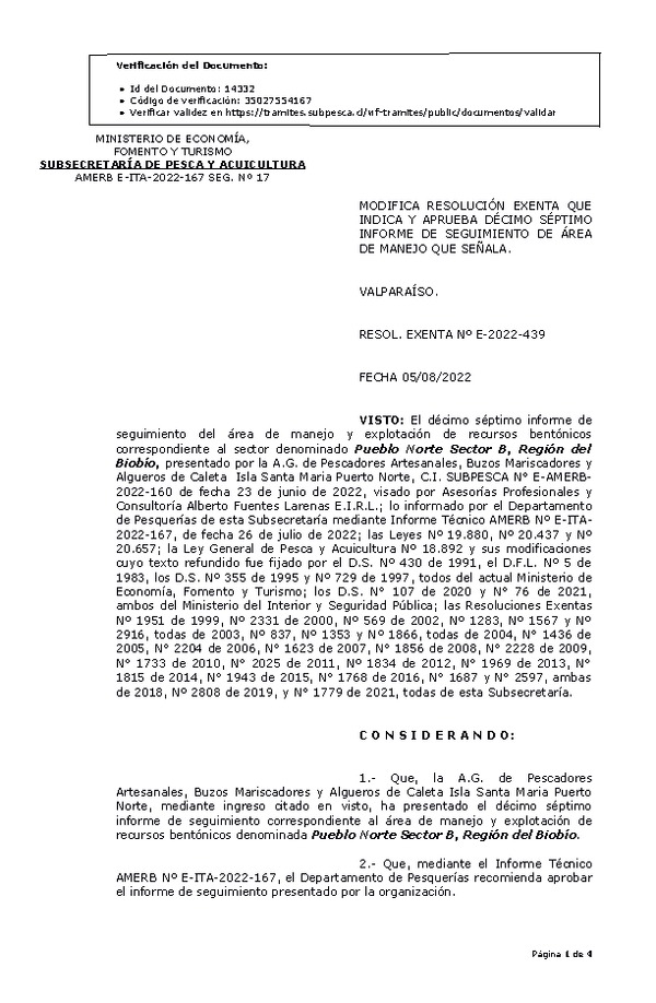 RESOL. EXENTA Nº E-2022-439 Modifica resolución que indica, Aprueba 17° Seguimiento. (Publicado en Página Web 05-08-2022)