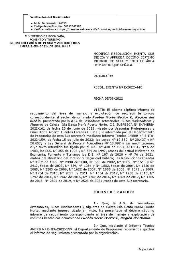 RESOL. EXENTA Nº E-2022-440 Modifica resolución que indica, Aprueba 17° Seguimiento. (Publicado en Página Web 05-08-2022)