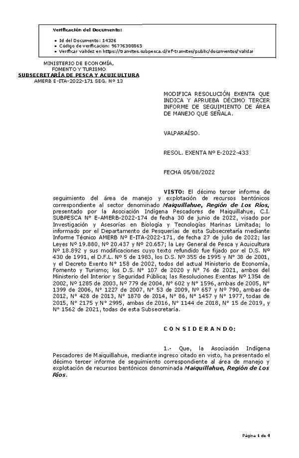 RESOL. EXENTA Nº E-2022-433 Modifica resolución que indica, Aprueba 13° Seguimiento. (Publicado en Página Web 05-08-2022)