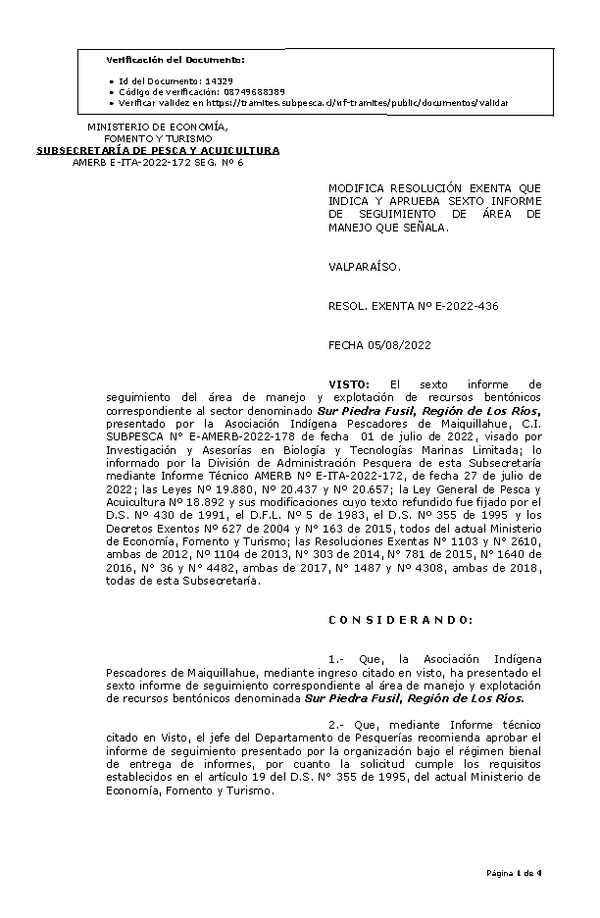 RESOL. EXENTA Nº E-2022-436 Modifica resolución que indica, Aprueba 6° Seguimiento. (Publicado en Página Web 05-08-2022)