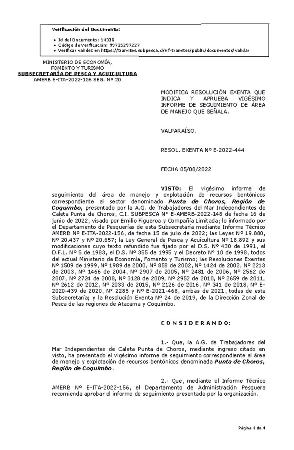 RESOL. EXENTA Nº E-2022-444 Modifica resolución que indica, Aprueba 20° Seguimiento. (Publicado en Página Web 05-08-2022)