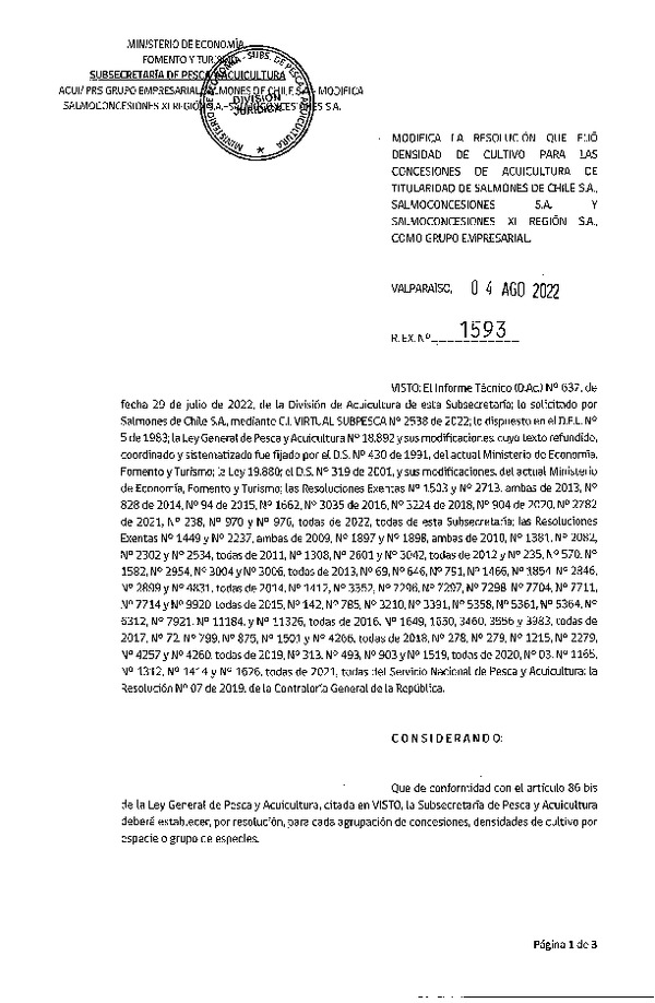 Res. Ex. N° 1593-2022 Modifica Res. Ex. N° 0238-2022 Fija densidad de cultivo para las concesiones de titularidad de Salmones de Chile S.A., Salmoconcencesiones S.A. y Salmoconcesiones XI Región S.A. (Con Informe Técnico)(Publicado en Página Web 05-08-2022)