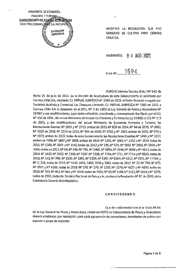 Res. Ex. N° 1594-2022 Modifica Res. Ex. N° 3463-2021 Fija densidad de cultivo para Cermaq Chile S.A. (Publicado en Página Web 05-08-2022)
