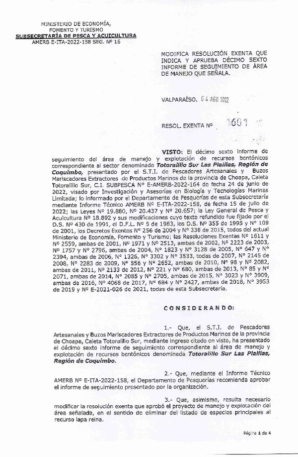 Res. Ex. N° 1601-2022 Modifica resolución que indica, Aprueba 16° seguimiento. (Publicado en Página Web 08-08-2022)