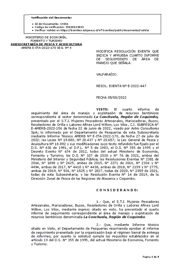 RESOL. EXENTA Nº E-2022-447 Modifica resolución que indica, Aprueba 4° Seguimiento. (Publicado en Página Web 08-08-2022)