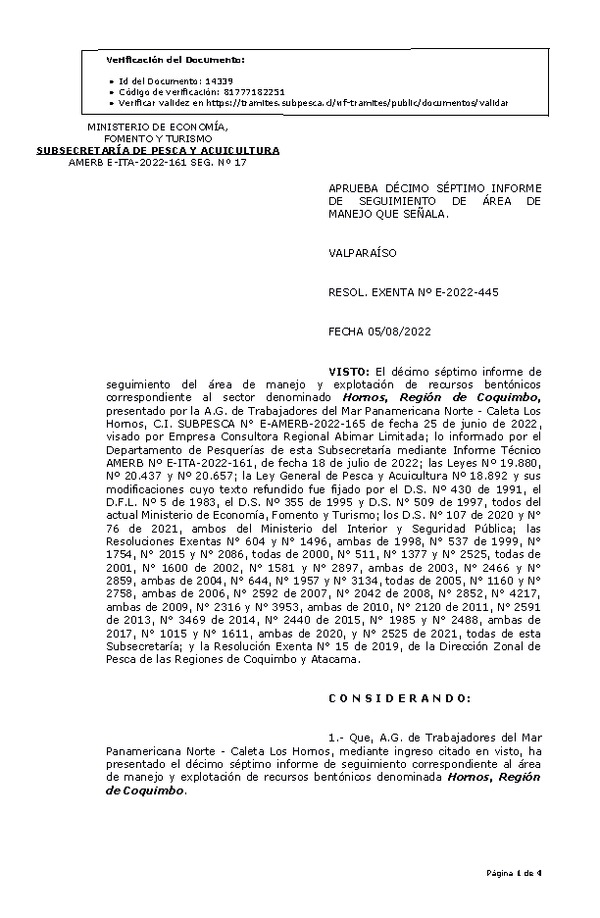 RESOL. EXENTA Nº E-2022-445 Aprueba 17° Seguimiento. (Publicado en Página Web 08-08-2022)