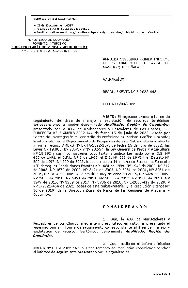 RESOL. EXENTA Nº E-2022-443 Aprueba 21° seguimiento. (Publicado en Página Web 08-08-2022)