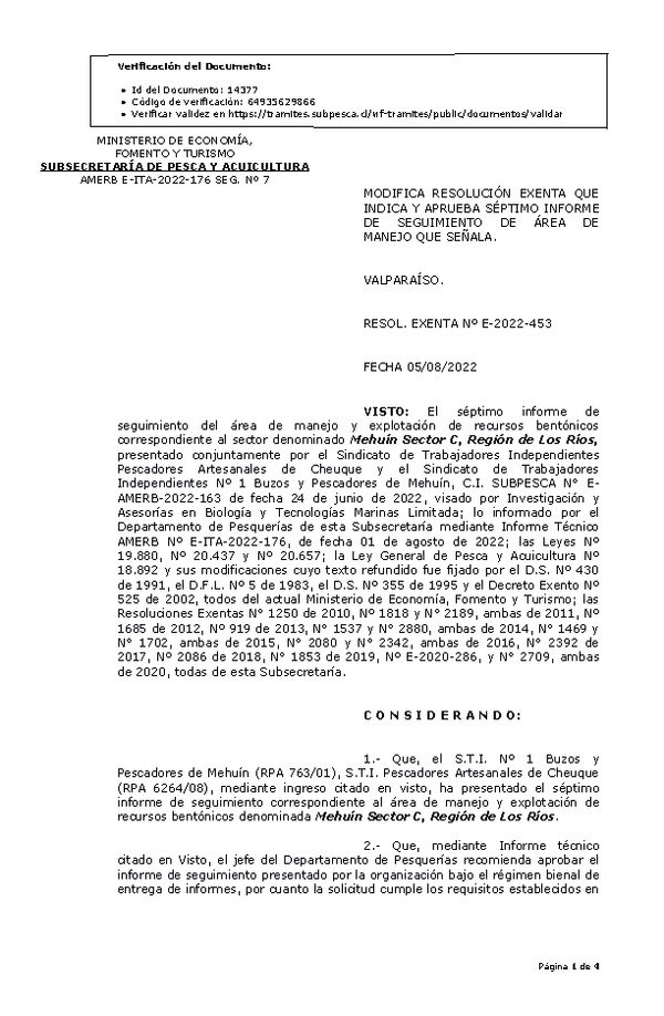 RESOL. EXENTA Nº E-2022-453 Modifica Resolución que Indica. Aprueba 7° Seguimiento. (Publicado en Página Web 08-08-2022)