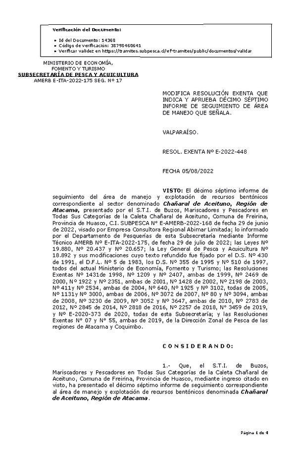 RESOL. EXENTA Nº E-2022-448 Modifica Resolución que Indica. Aprueba 17° Seguimiento. (Publicado en Página Web 08-08-2022)