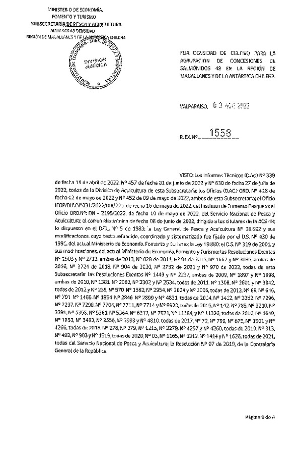 Res. Ex. N° 1558-2022 Fija densidad de cultivo para la agrupación de concesiones de salmónidos 48, en la Región de Magallanes y de la Antártica Chilena. (Con Informe Técnico) (Publicado en Página Web 09-08-2022) (F.D.O. 09-08-2022)