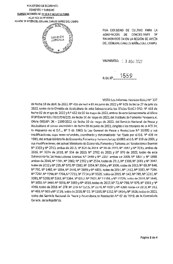 Res. Ex. N° 1559-2022 Fija densidad de cultivo para la agrupación de concesiones de salmónidos 34, en la Región de Aysén. (Con Informe Técnico) (Publicado en Página Web 09-08-2022) (F.D.O. 09-08-2022)