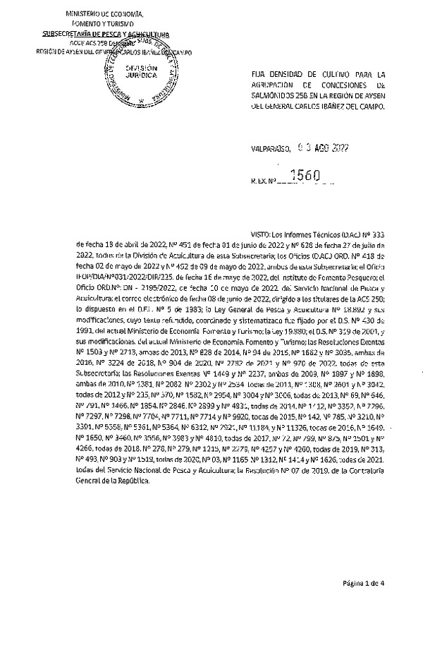 Res. Ex. N° 1560-2022 Fija densidad de cultivo para la agrupación de concesiones de salmónidos 25B, en la Región de Aysén. (Con Informe Técnico) (Publicado en Página Web 09-08-2022) (F.D.O. 09-08-2022)