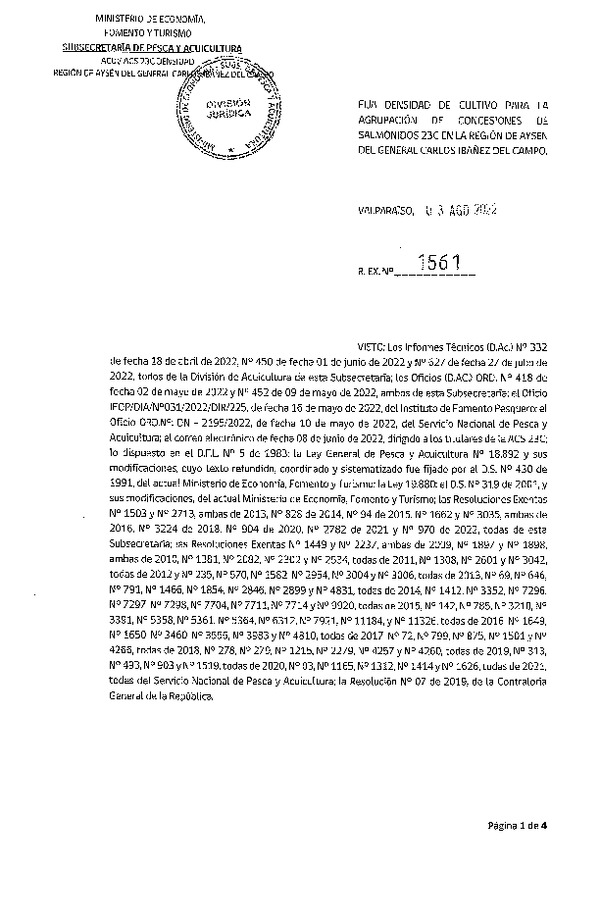 Res. Ex. N° 1561-2022 Fija densidad de cultivo para la agrupación de concesiones de salmónidos 23C, en la Región de Aysén. (Con Informe Técnico) (Publicado en Página Web 09-08-2022) (F.D.O. 09-08-2022)