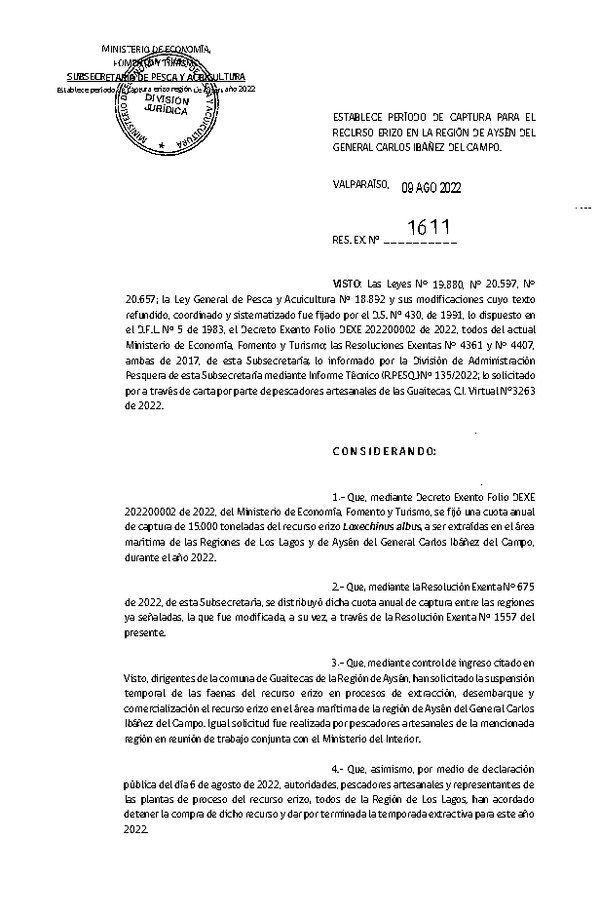 Res. Ex. N° 1611-2022 Establece Período de Captura Para el Recurso Erizo, en la Región de Aysén del General Carlos Ibañez del Campo.(Publicado en Página Web 09-08-2022)