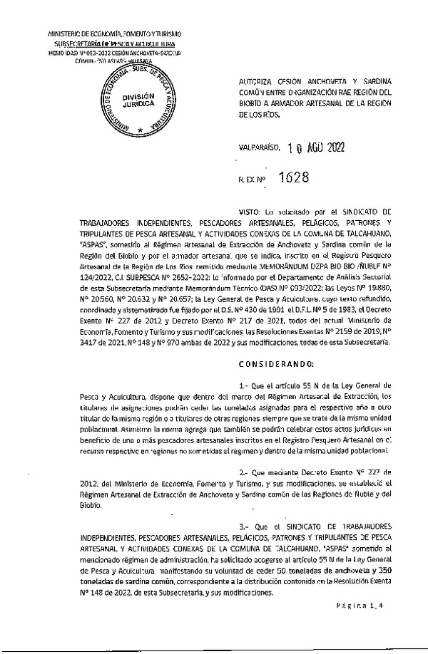 Res. Ex. N° 1628-2022 Autoriza Cesión de Anchoveta y Sardina común, Regiones del Biobío a Los Ríos. (Publicado en Página Web 10-08-2022)