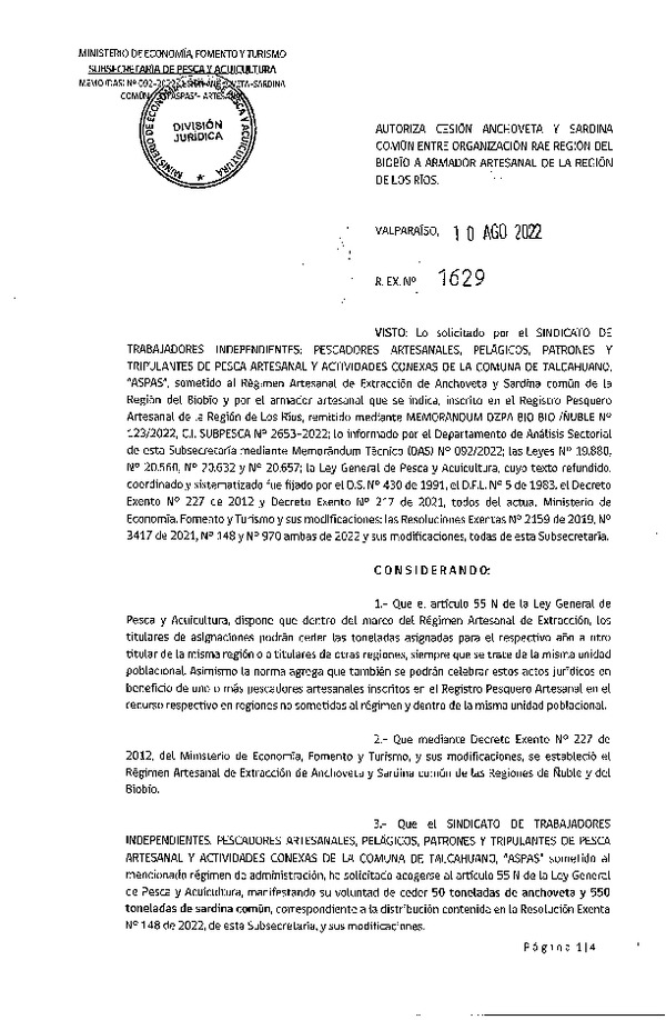 Res. Ex. N° 1629-2022 Autoriza Cesión de Anchoveta y Sardina común, Regiones del Biobío a Los Ríos. (Publicado en Página Web 10-08-2022)