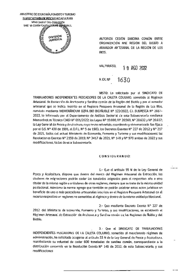 Res. Ex. N° 1630-2022 Autoriza Cesión de Anchoveta y Sardina común, Regiones del Biobío a Los Ríos. (Publicado en Página Web 10-08-2022)