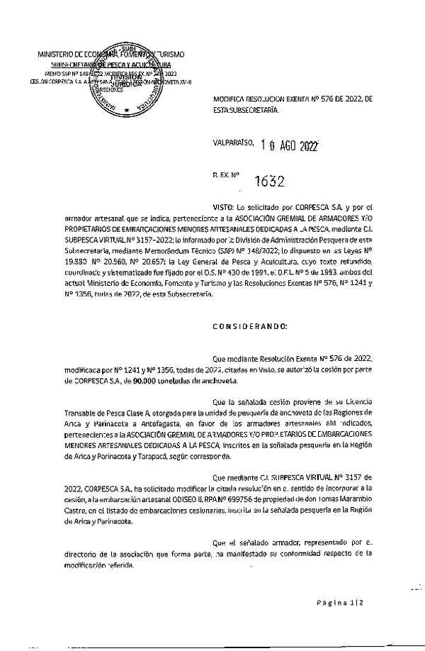 Res. Ex. N° 1632-2022 Modifica Res. Ex. N° 576-2022 Autoriza Cesión Anchoveta, Regiones de Arica y Parinacota a Región de Antofagasta. (Publicado en Página Web 10-08-2022)