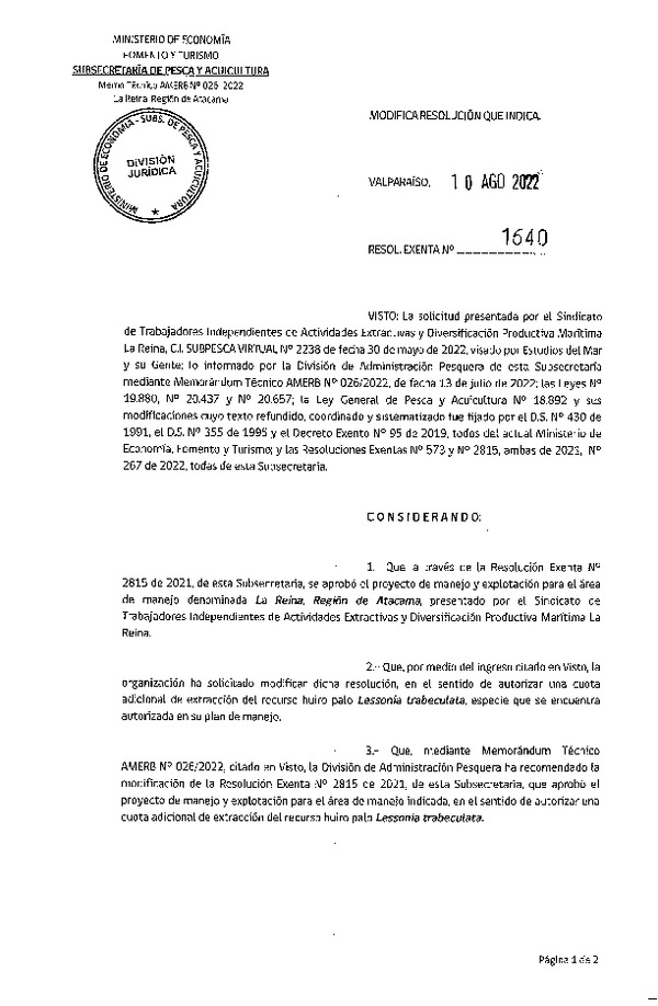 Res. Ex. N° 1640-2022 Modifica Res. Ex. N° 2815-2021. (Publicado en Página Web 11-08-2022)