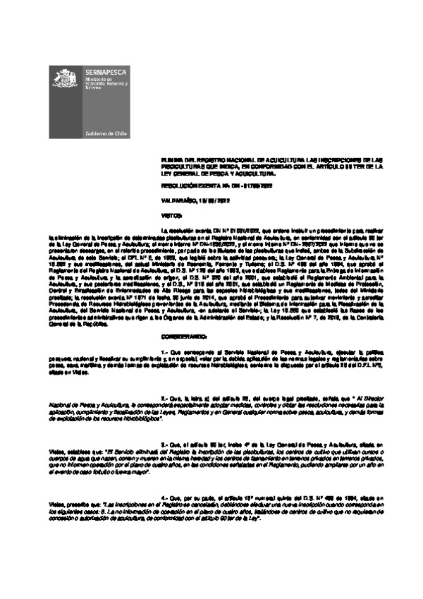 Resolución Exenta N° DN-01705/2022 Elimina del Registro Nacional de Acuicultura las Inscripciones de las Pisculturas que Indica, en Conformidad con el artículo 90 Ter de la Ley General de Pesca y Acuicultura (Publicado en Página Web