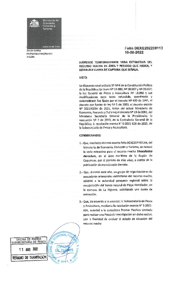 Dec. Ex. Folio 202200113 Suspende Temporalmente Veda Extractiva del Recurso Macha en Área y Período que Indica, y Establece Cuota de Captura que Señala. (Publicado en Página Web 11-08-2022)