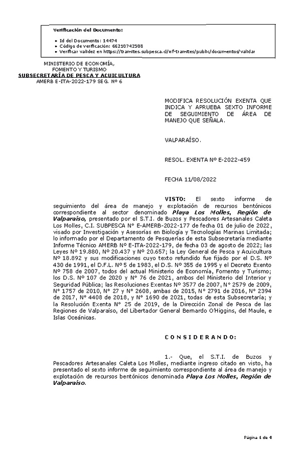 RESOL. EXENTA Nº E-2022-459 Modifica resolución que indica, Aprueba 6° seguimiento. (Publicado en Página Web 12-08-2022)