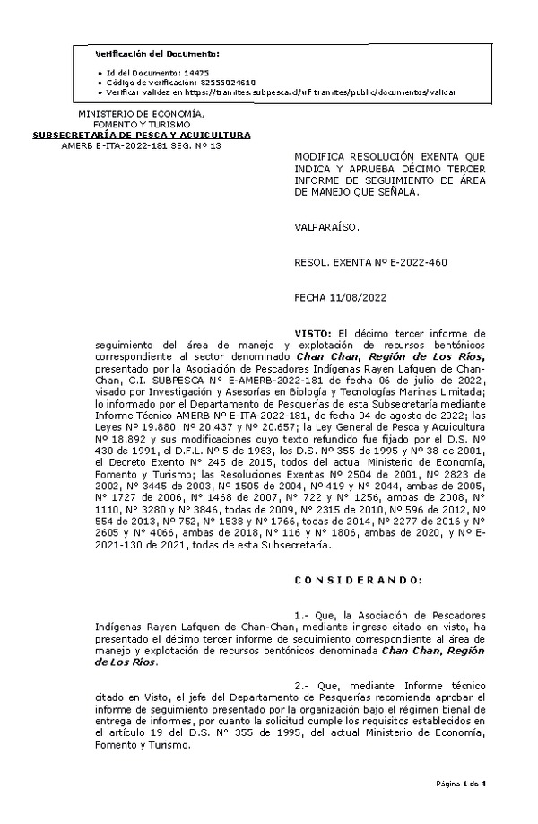 RESOL. EXENTA Nº E-2022-460 Modifica resolución que indica, Aprueba 13° seguimiento. (Publicado en Página Web 12-08-2022)