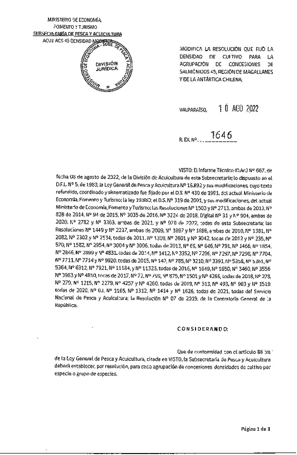 Res. Ex. N° 1646-2022 Modifica Res Ex N° DIG 031-2020, Fija densidad de cultivo para las agrupación de concesiones de salmónidos 45. (Publicado en Página Web 12-08-2022).